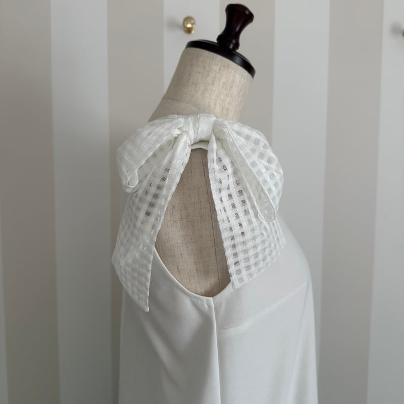 8-103 白×チェック 肩リボントップス M | capriciousmie