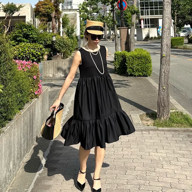67NOWOS ブラック刺繍フレアワンピース 5-067 黒 ベルフレアワンピース SM | capriciousmie