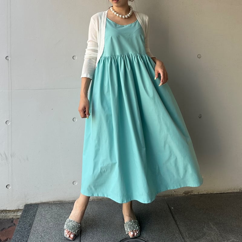 【海外限定】GinaBacconi ワンピース☆Blue Eva Marie Collarles オフカラーアメリカンスリーブドレス （ロング・マキシ丈