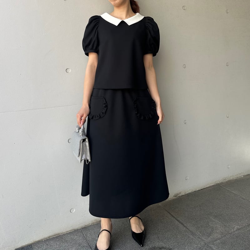 5-083 黒ハニカム 白襟パフトップス M | capriciousmie