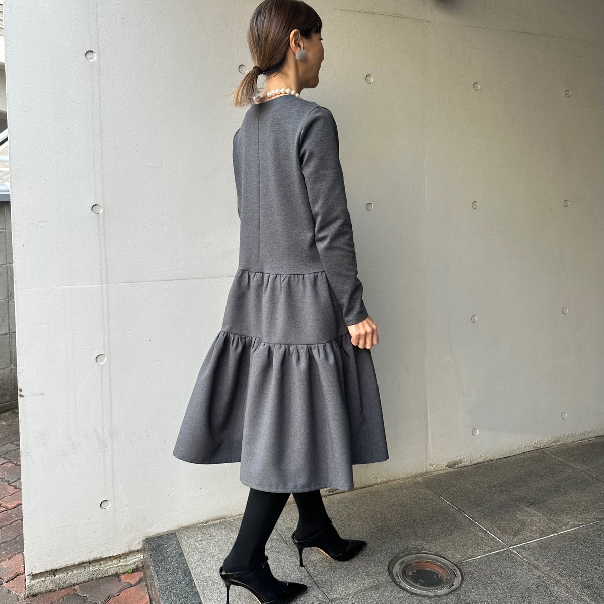 12-078 グレー 長袖ティアードワンピース L | capriciousmie