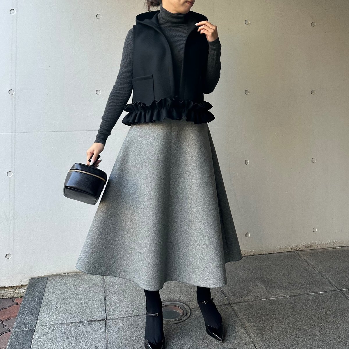 12-033 グレーウール フレアスカート ロング ファスナー M | capricio