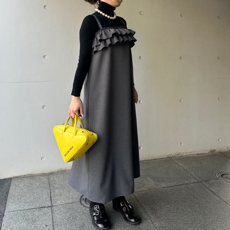 2-014 グレー W胸フリルワンピース ロング XL | capriciousmie