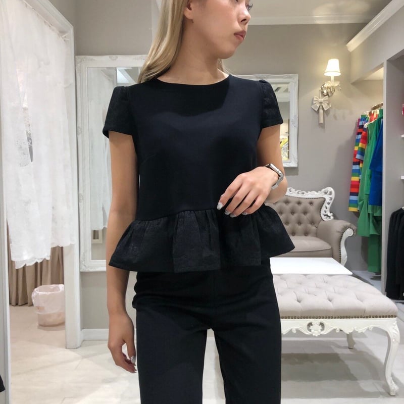 3-351 黒 ×レース ペプラムトップス 袖付き L | capriciousmie