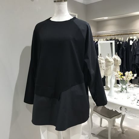 3-044  黒切り替　片袖ボタン　チュニック   フリー　セレクト商品