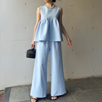 6-077    クリームブルー　ワイドパンツ 　フリー(Ｍ)