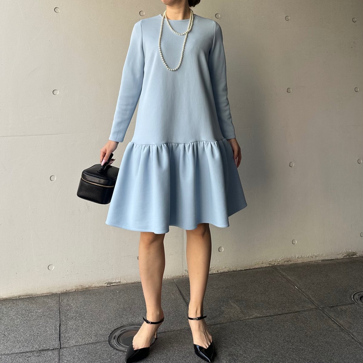 2-073 マカロンブルー 長袖フリルワンピース L | capriciousmie