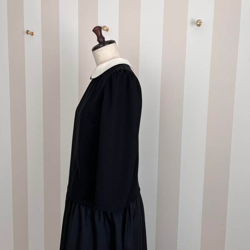 4-078 黒ハニカム 白襟 七分トップス ファスナー M | capriciousmie