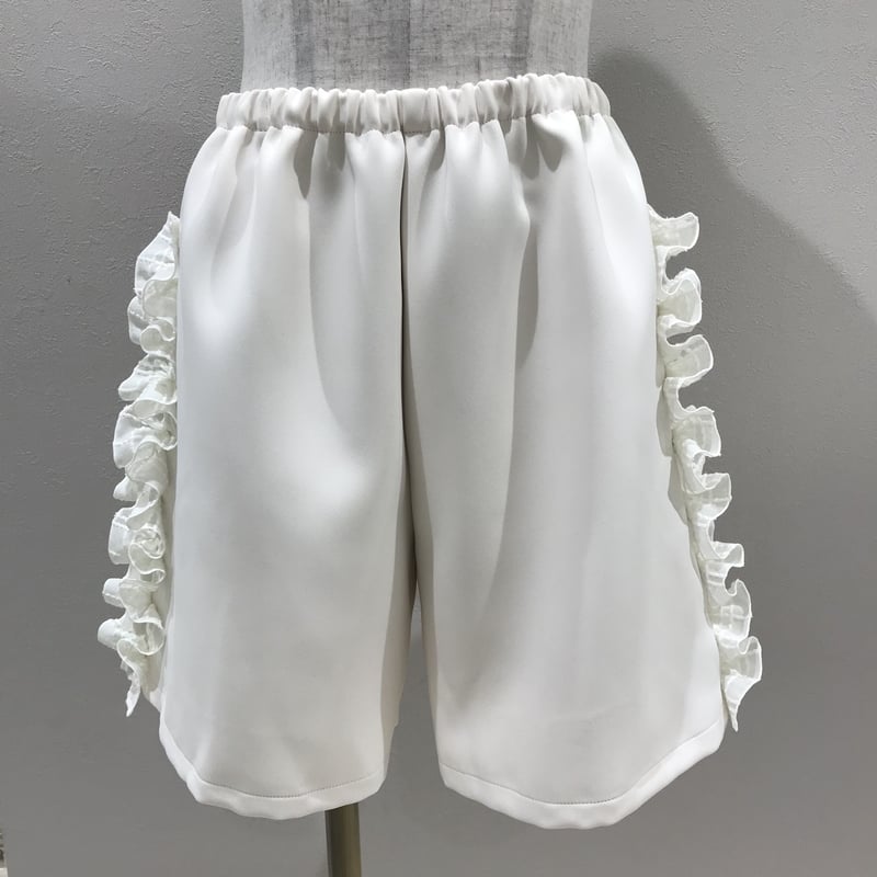 papier ショートパンツ　フリル　ホワイトBoy Meets Shorts 3-359 ミルク×白チェックレース サイドフリルショートパンツ フリー(M