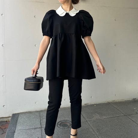 5-106   黒杢　半袖TOMOペプラムトップス　長め　ＸＬ
