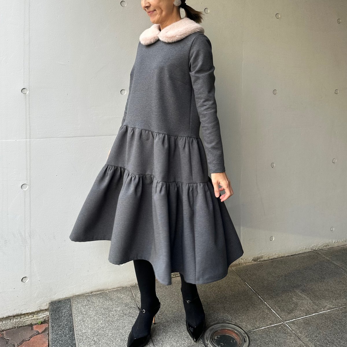 1-019 グレー 長袖ティアードワンピース L | capriciousmie