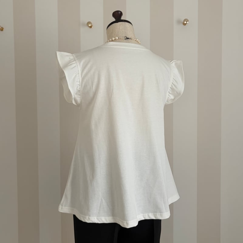 5-004 白×シルバー 袖フリルTシャツ ML セレクト商品 | capricio