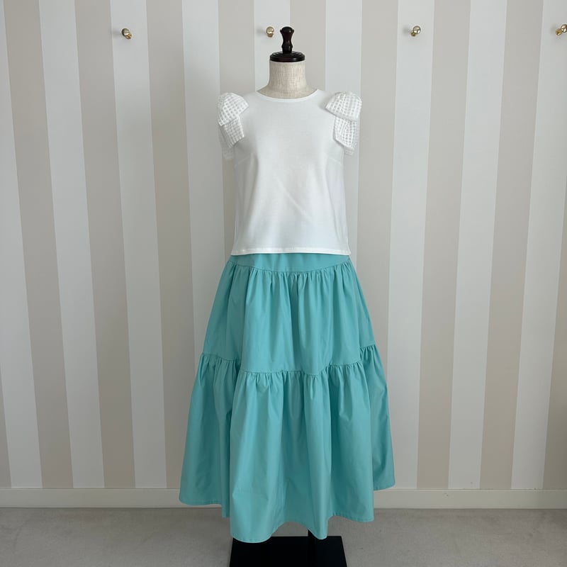 8-103 白×チェック 肩リボントップス M | capriciousmie