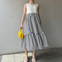 5-071    白×ボーダー　ベルフレアワンピース　Ｍ