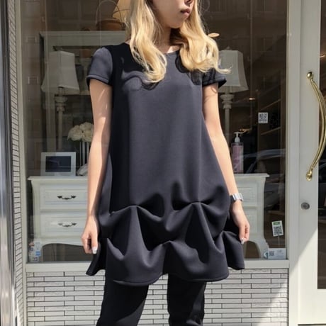 4-147  ブラックネイビー　YUMIチュニック 袖付き　  パール　M