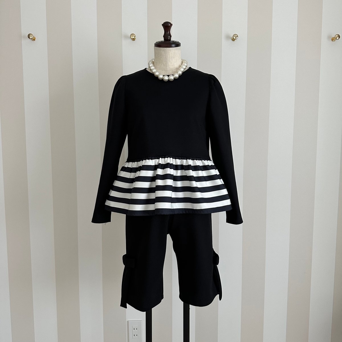 8-123 黒×ボーダー 長袖ペプラムトップス M | capriciousmie