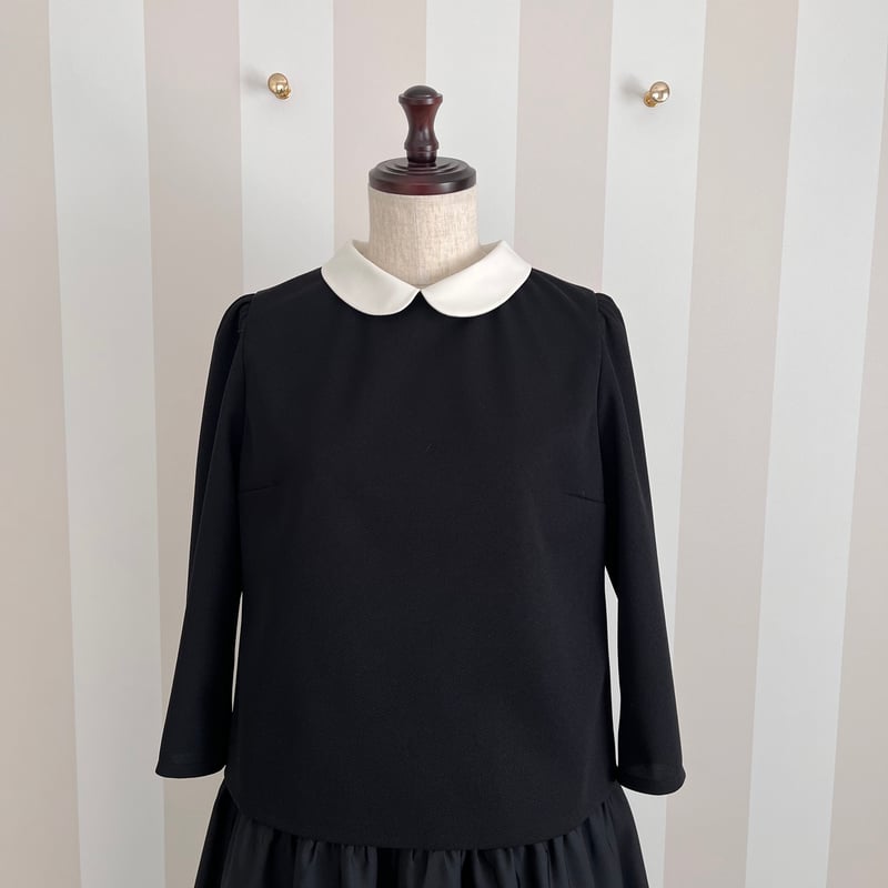 4-078 黒ハニカム 白襟 七分トップス ファスナー M | capriciousmie