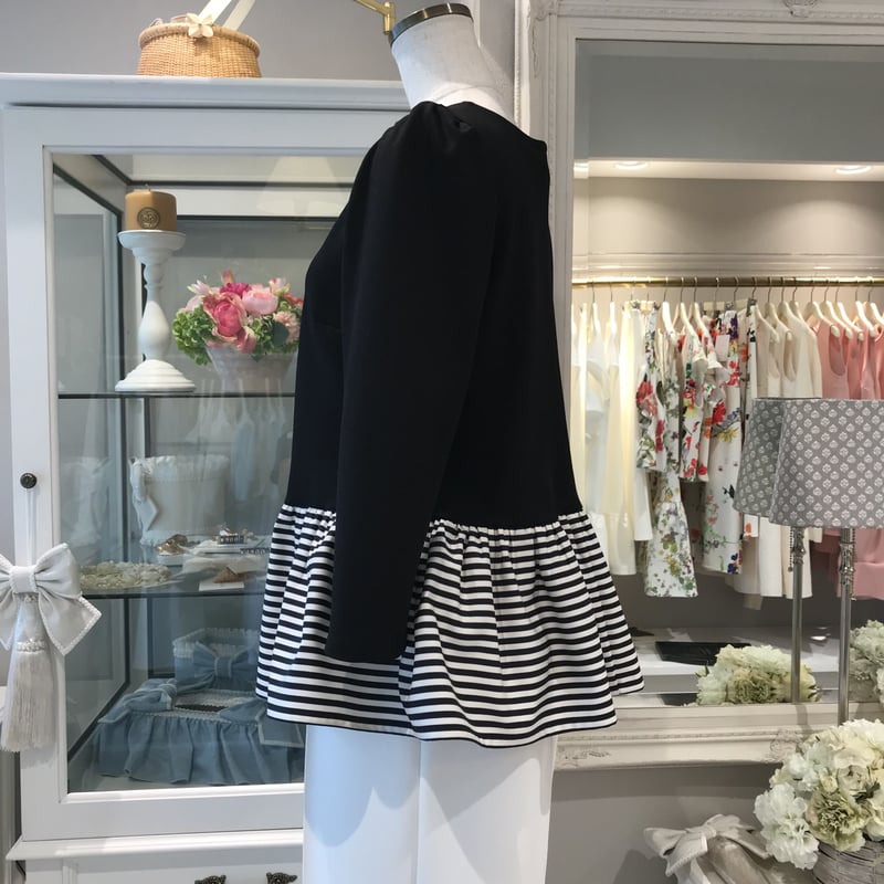 5-200 黒×ボーダー ペプラムトップス 長袖 M | capriciousmie
