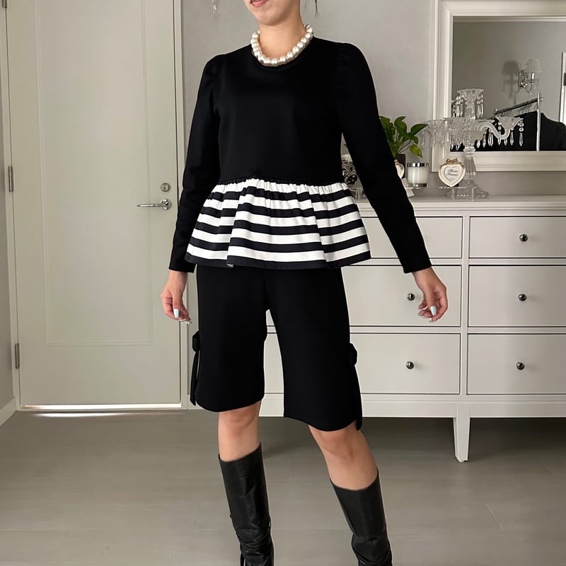 2023AW 美品 ルフィル ペプラムボーダートップス チュニック 黒 8-123 黒×ボーダー 長袖ペプラムトップス M | capriciousmie