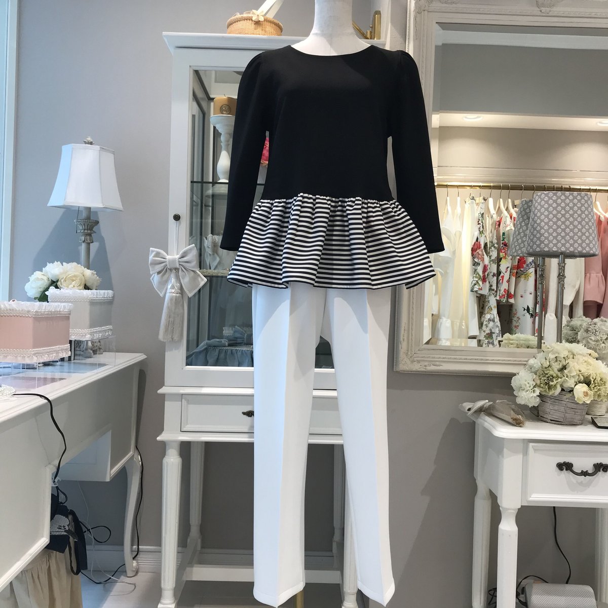 5-200 黒×ボーダー ペプラムトップス 長袖 M | capriciousmie