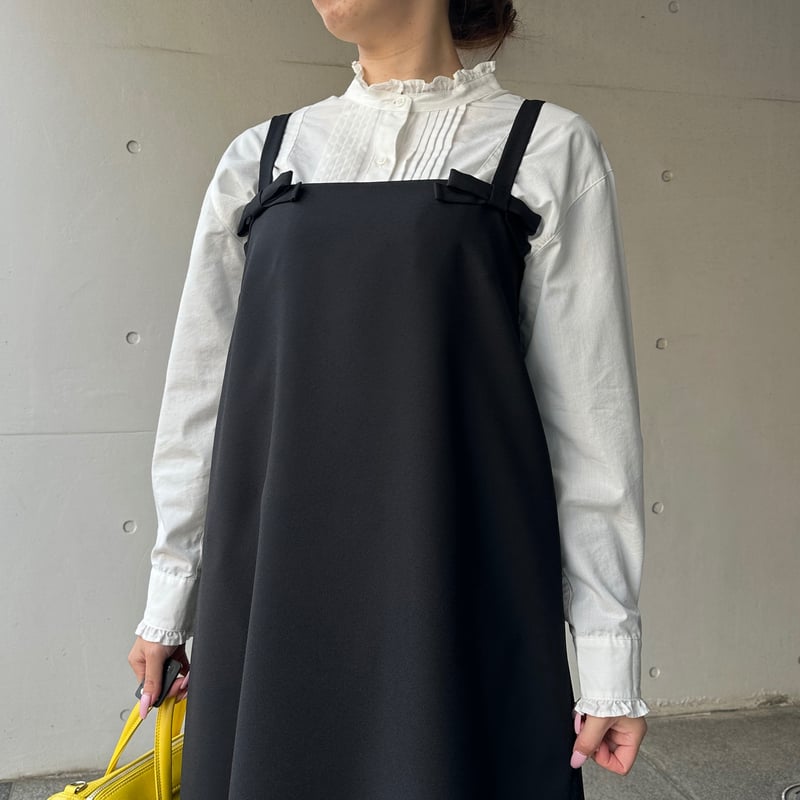 2-017 黒 Wミニリボンワンピース ロング L | capriciousmie