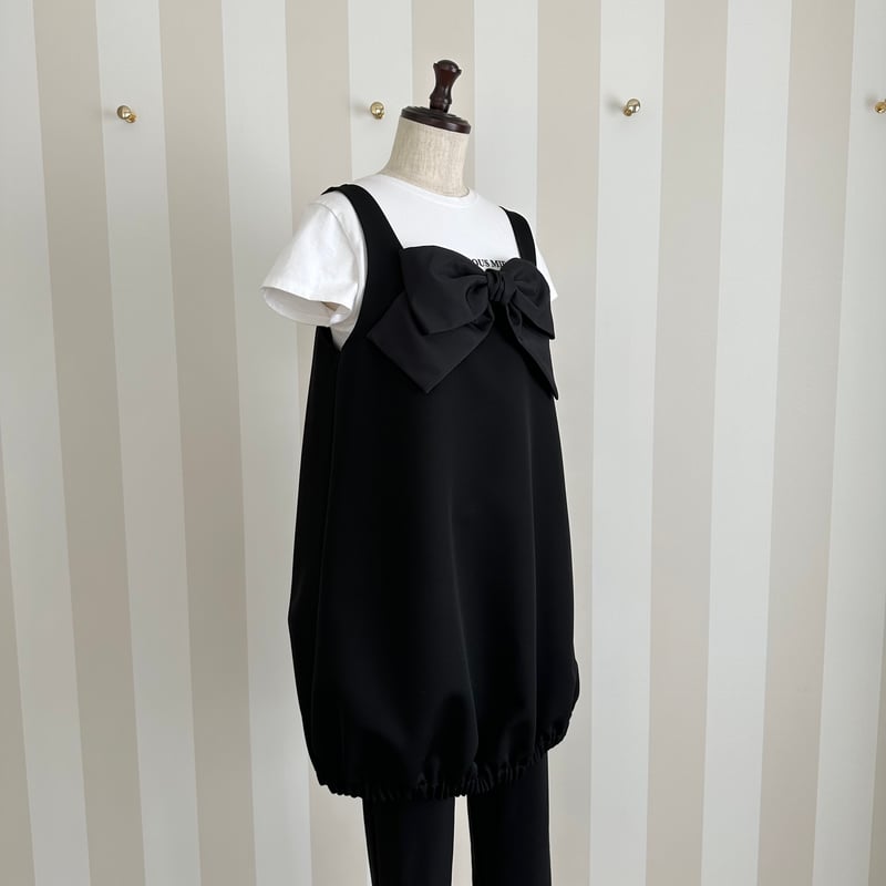 7-057 【Mie +】黒 リボン裾ゴムチュニック M | capriciousmie