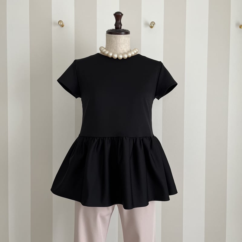 6-130 黒 ペプラムトップス 半袖 M | capriciousmie