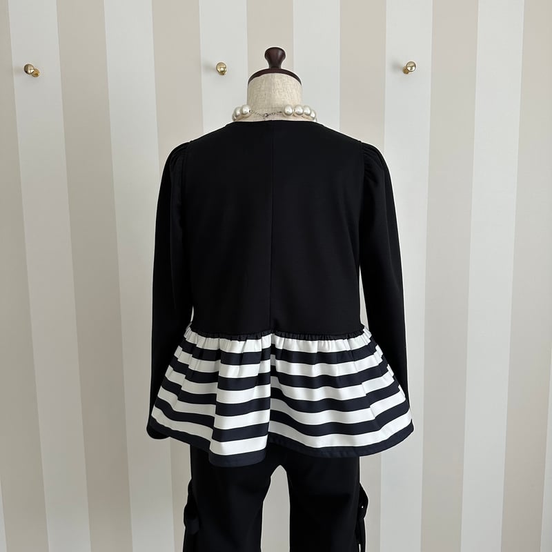 8-123 黒×ボーダー 長袖ペプラムトップス M | capriciousmie