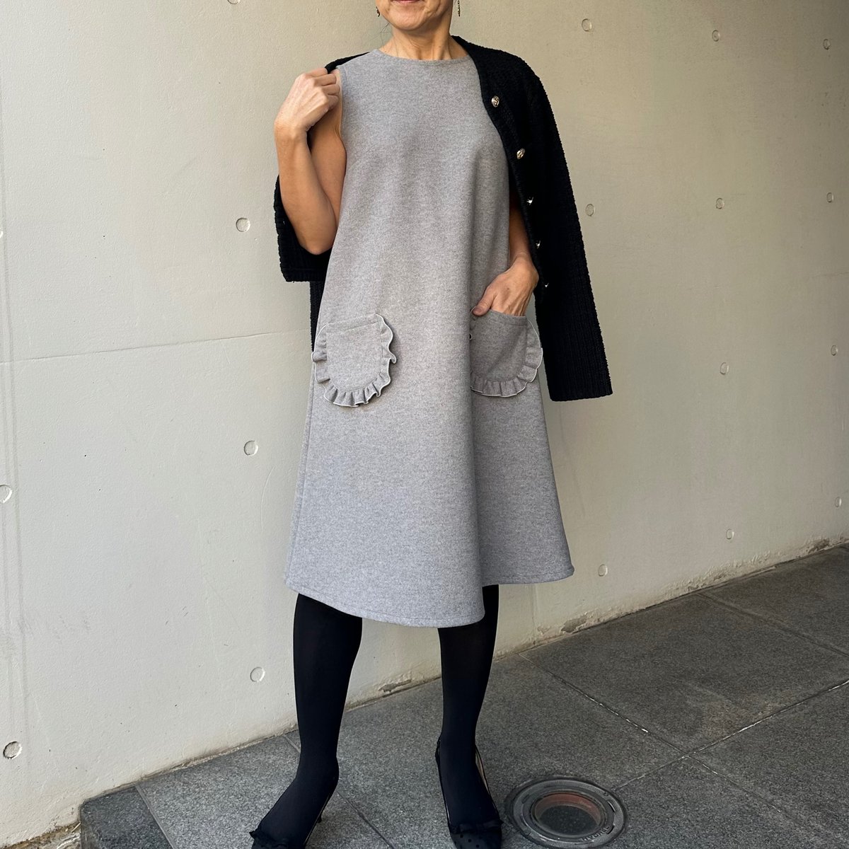 1-039 グレーウール風 フリルポケットワンピース XL | capriciousmie