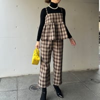 2-020   ベージュチェック　セミワイドクロップドパンツ　フリー(Ｍ)