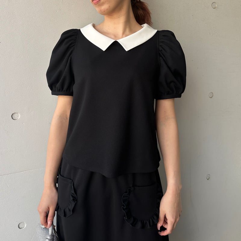5-083 黒ハニカム 白襟パフトップス M | capriciousmie