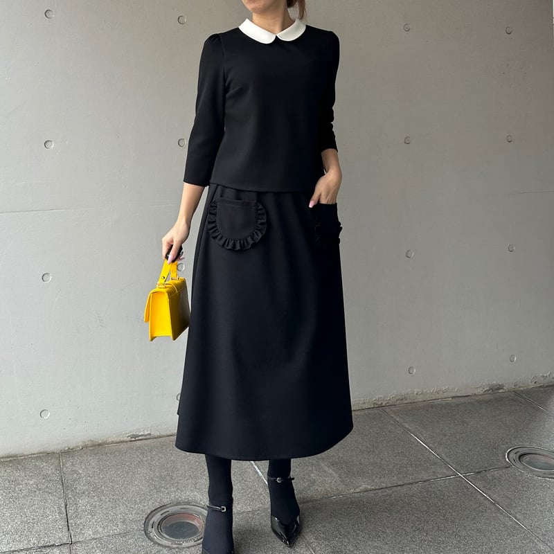 2-088 黒ハニカム フリルポケットスカート ロング フリー(M) | capric