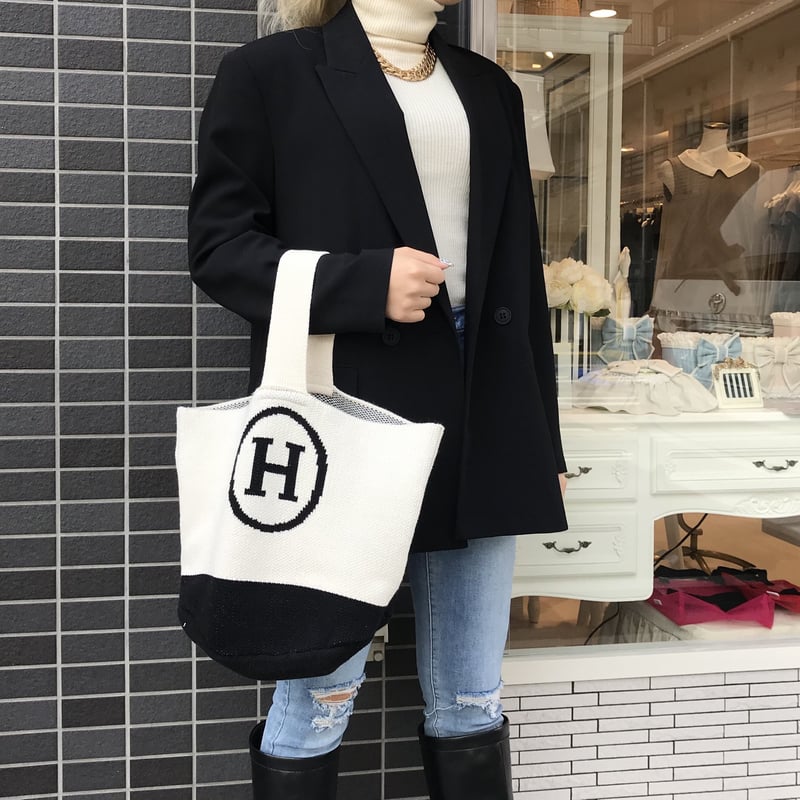 2-293 白 Hニットトートバッグ ワンハンドル | capriciousmie