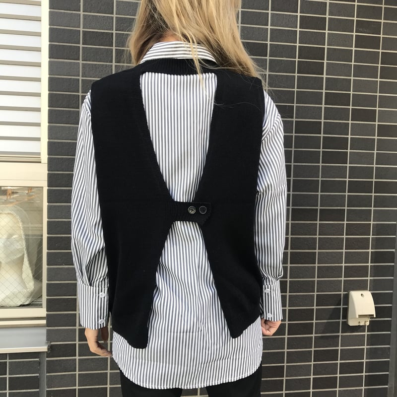 Share Spirit　シャツ　黒　ストライプ　プリーツ　シフォン　超異素材 Sillage シアージ re-engineered overshirt black stripe