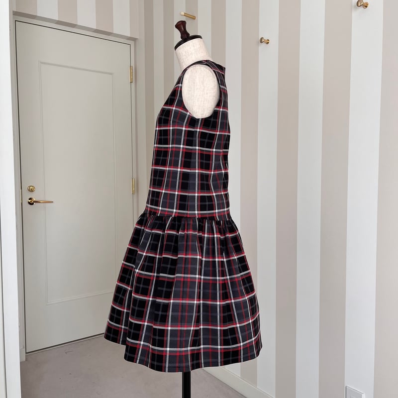 2-088 赤タータンチェック フリルワンピース ファスナー M | capric