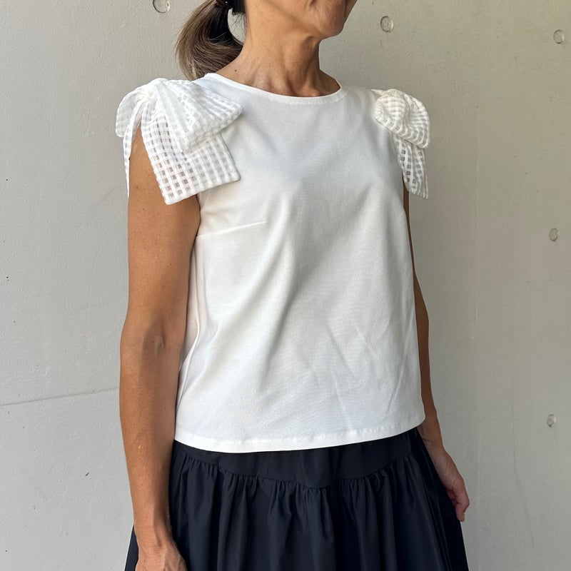 8-103 白×チェック 肩リボントップス M | capriciousmie
