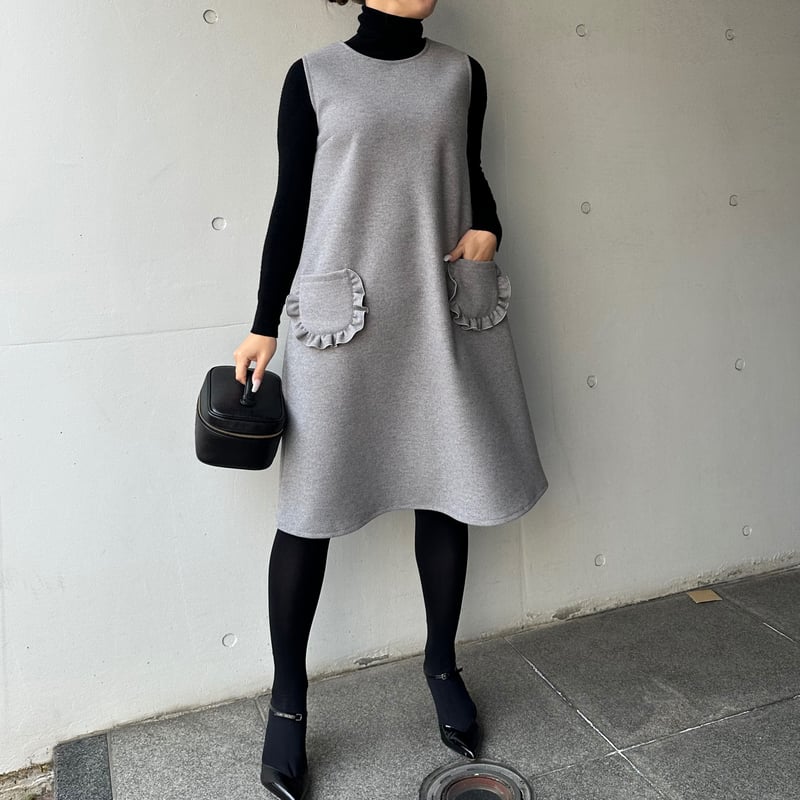 12-050 グレーウール風 フリルポケットワンピース L | capriciousmie