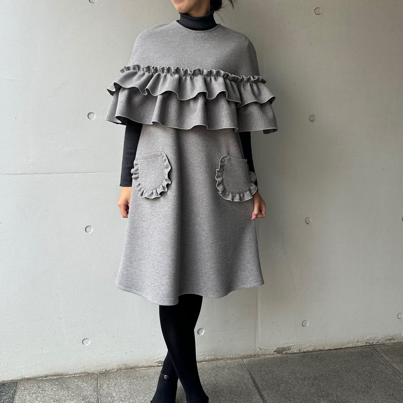 11-039 ライトグレーウール風 フリルポケットワンピース L | capriciou