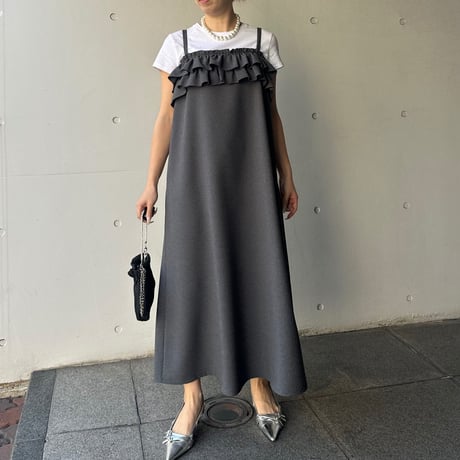 8-065    グレー　Ｗ胸フリルワンピース　ロング　ＸＬ