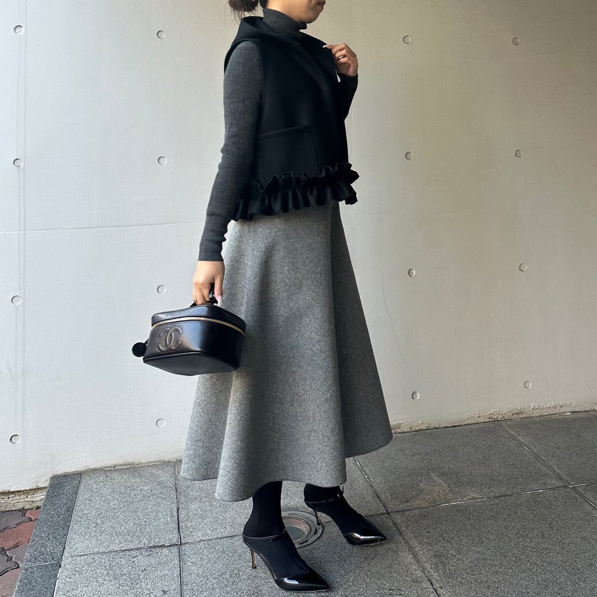 12-033 グレーウール フレアスカート ロング ファスナー M | capricio