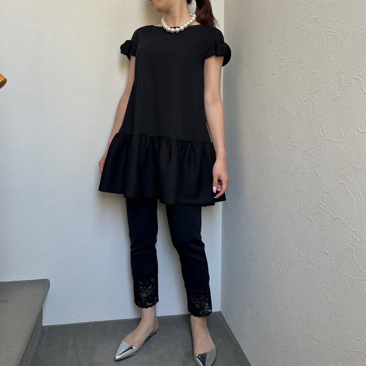 8-027 黒ハニカム 袖リボンホイップチュニック ML | capriciousmie