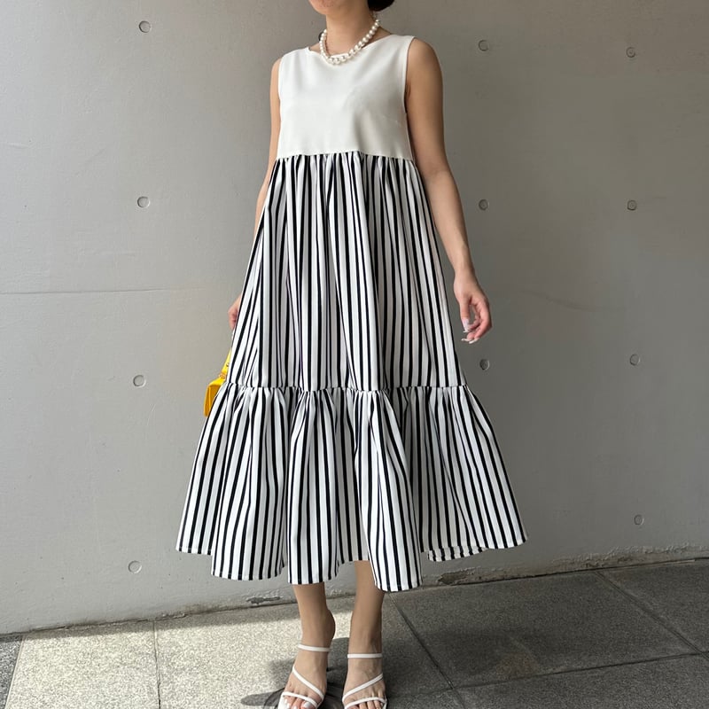 5-071 白×ボーダー ベルフレアワンピース M | capriciousmie