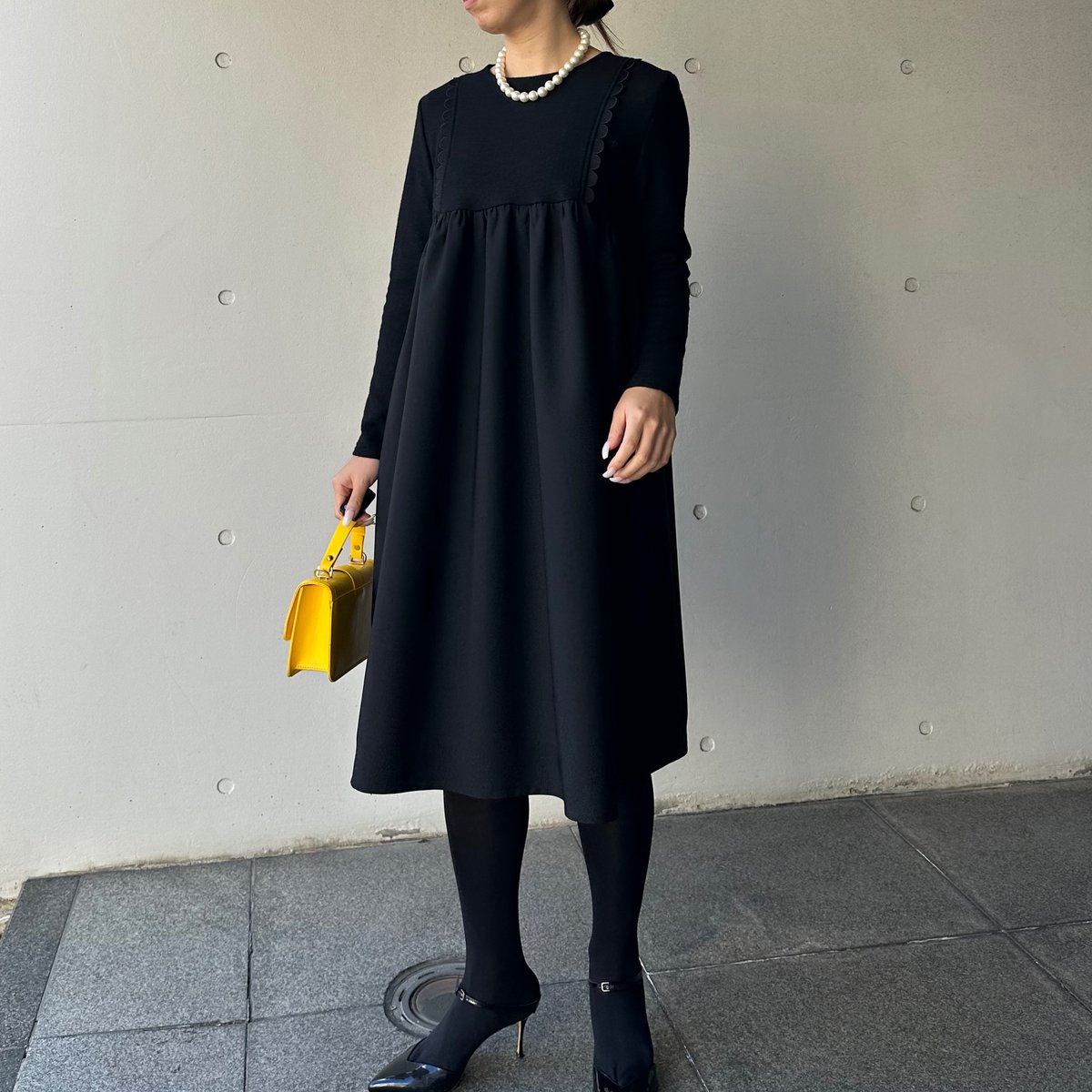 12-071 黒 長袖フロントスカラップワンピース M | capriciousmie