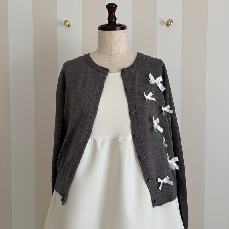 2-067 グレー×白 リボンカーディガン L | capriciousmie