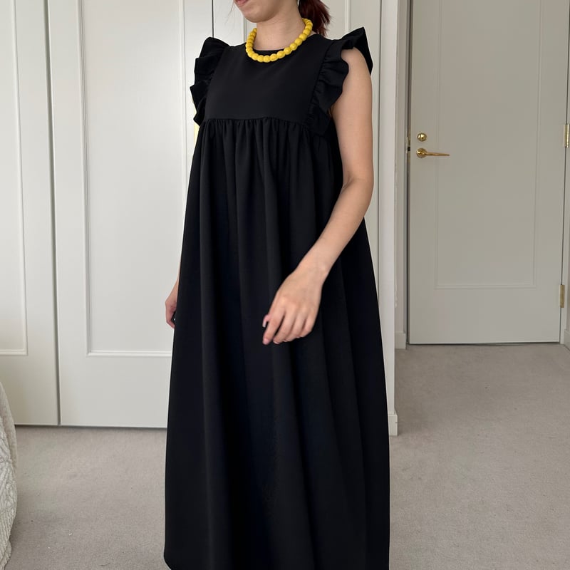 ワンピース ロングスリーブ フリルワンピース 長袖 M-XL b-2389 4-130 黒 肩フリルワンピース ロング M | capriciousmie