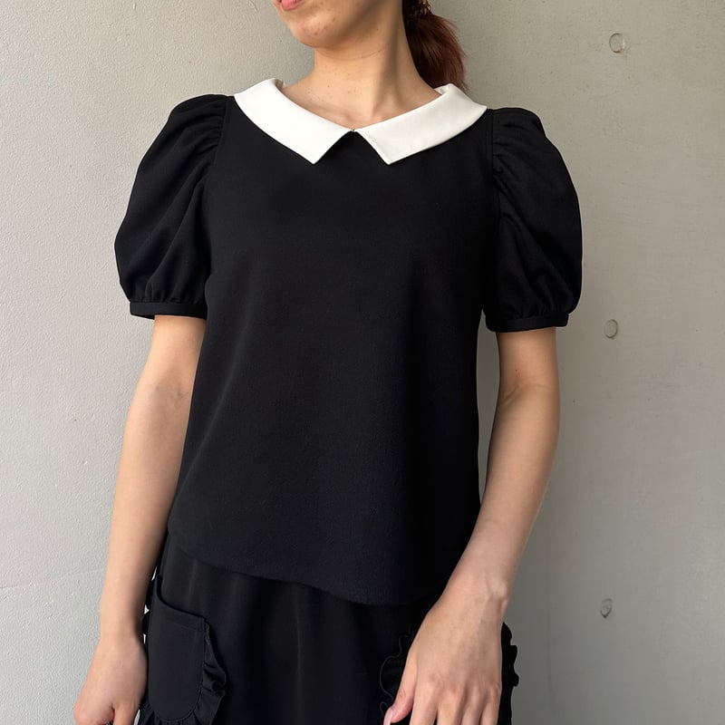 5-083 黒ハニカム 白襟パフトップス M | capriciousmie