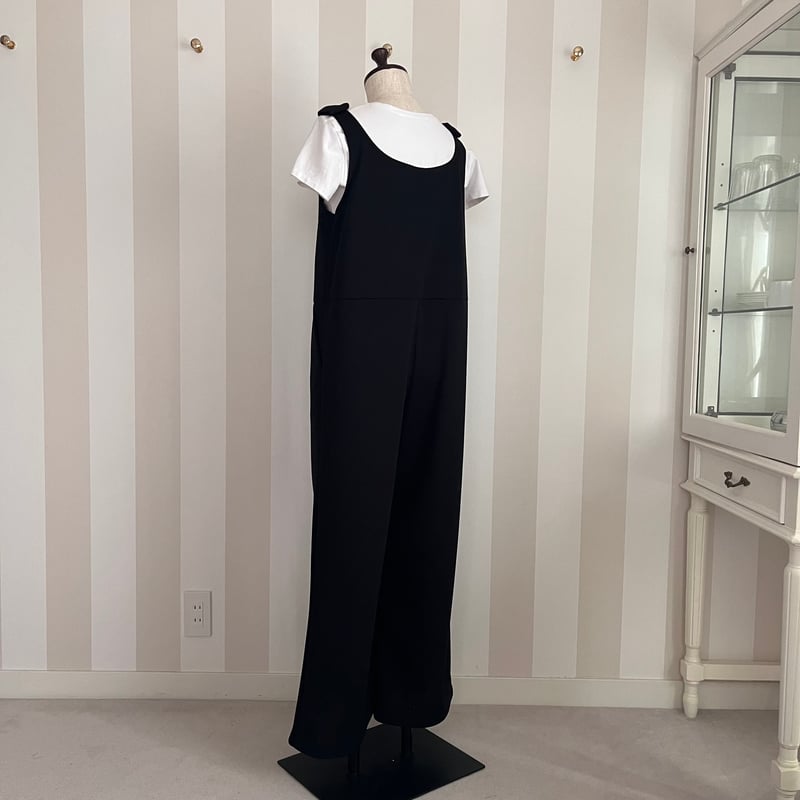 10-074 黒ハニカム 肩リボン サロペット フリーサイズ | capriciousmie