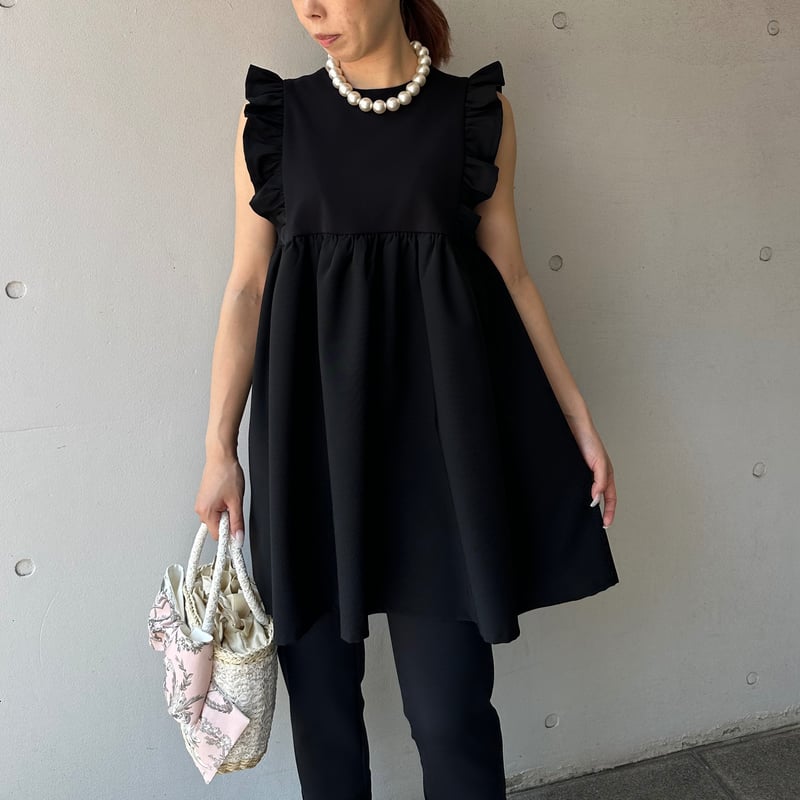 5-094 黒ドッキング 肩フリルチュニック M | capriciousmie