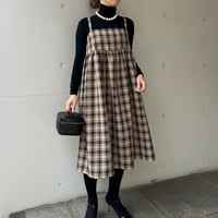 2-018   ベージュチェック　キャミギャザーワンピース　Ｍ
