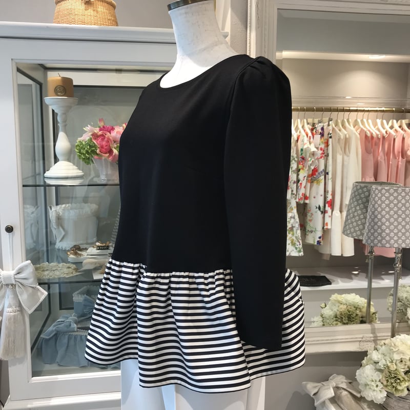 5-200 黒×ボーダー ペプラムトップス 長袖 M | capriciousmie